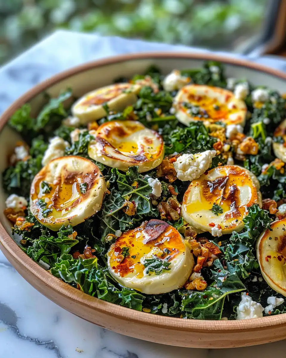 Final plated baked kale salad with griddled apples and goat cheese