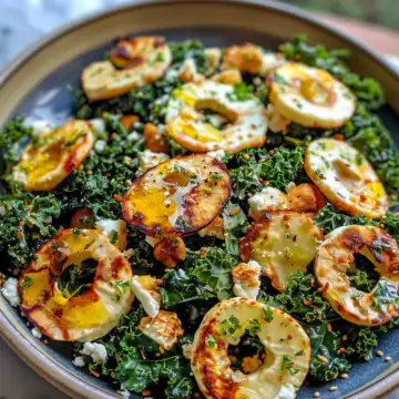 Baked Kale Salad with Apple Cider Vinaigrette and Griddled Goat Cheese taken with iphone 15 pro max --iw 2 --ar 4:5 --v 6.0 --raw