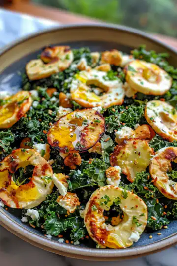 Baked Kale Salad with Apple Cider Vinaigrette and Griddled Goat Cheese taken with iphone 15 pro max --iw 2 --ar 4:5 --v 6.0 --raw