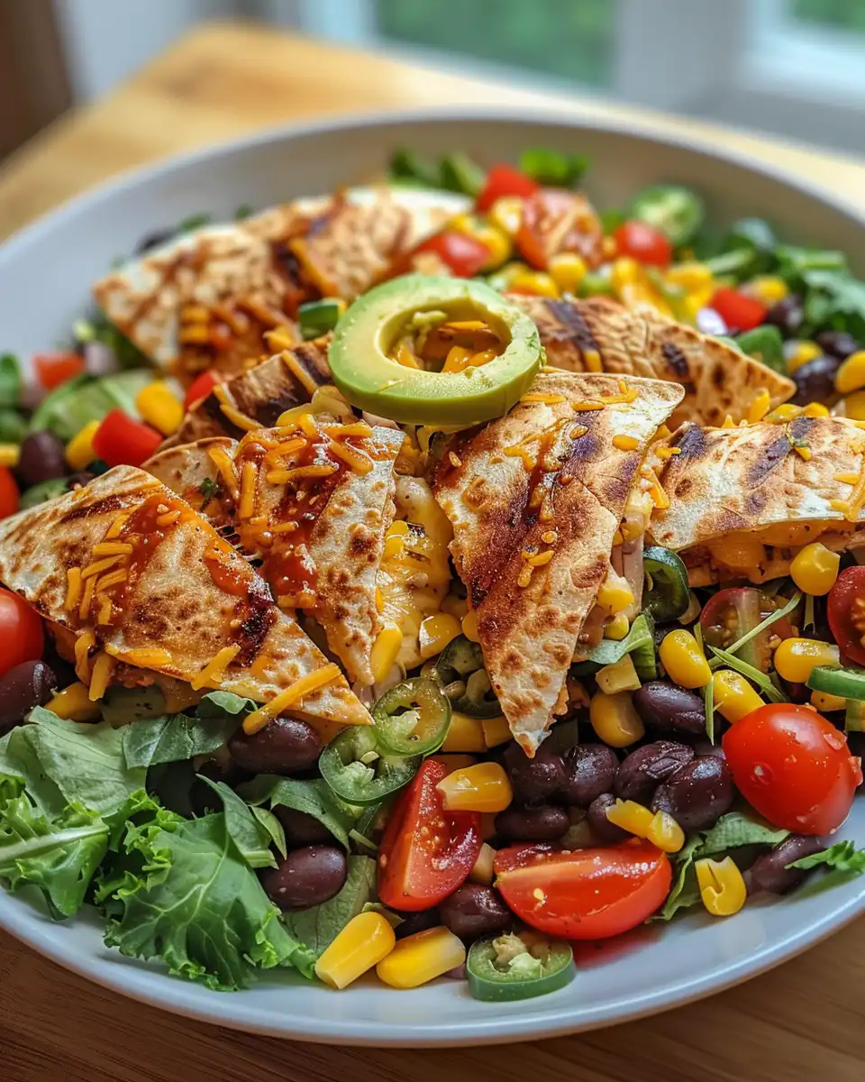 Ingredients for fajita chicken salad with dressings and quesadilla fixings