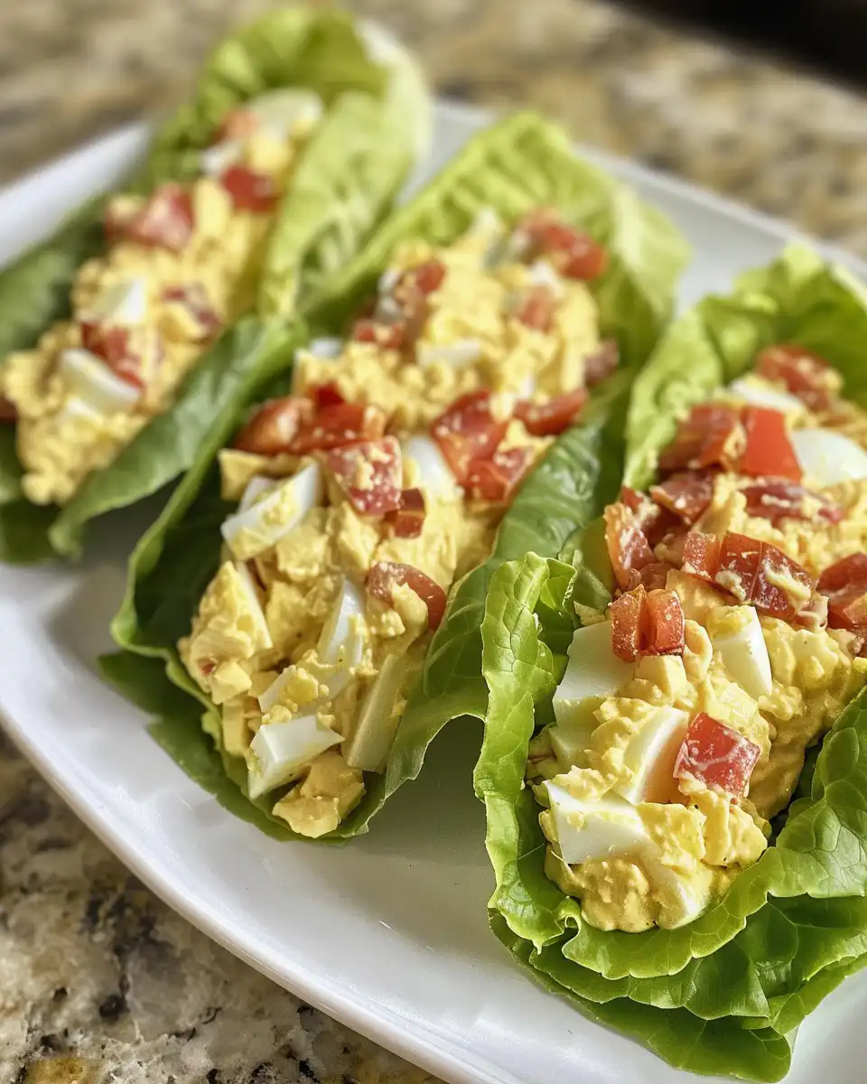 Close-up of BLT egg salad lettuce wraps with crispy bacon and creamy eggs