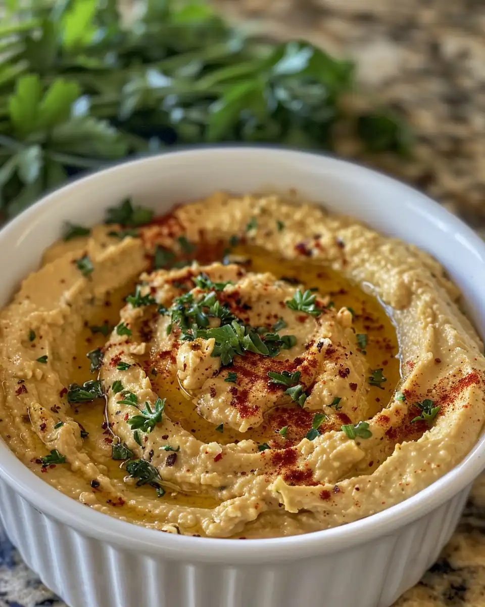 Final Sweet Chili Garlic Hummus served in bowl with garnish