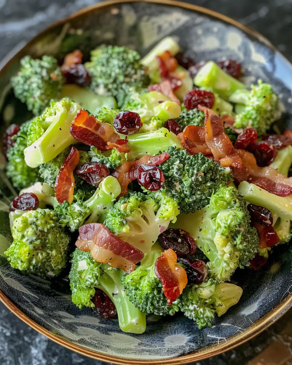 Ingredients for broccoli salad with bacon and raisins including broccoli, bacon, raisins, and dressing ingredients