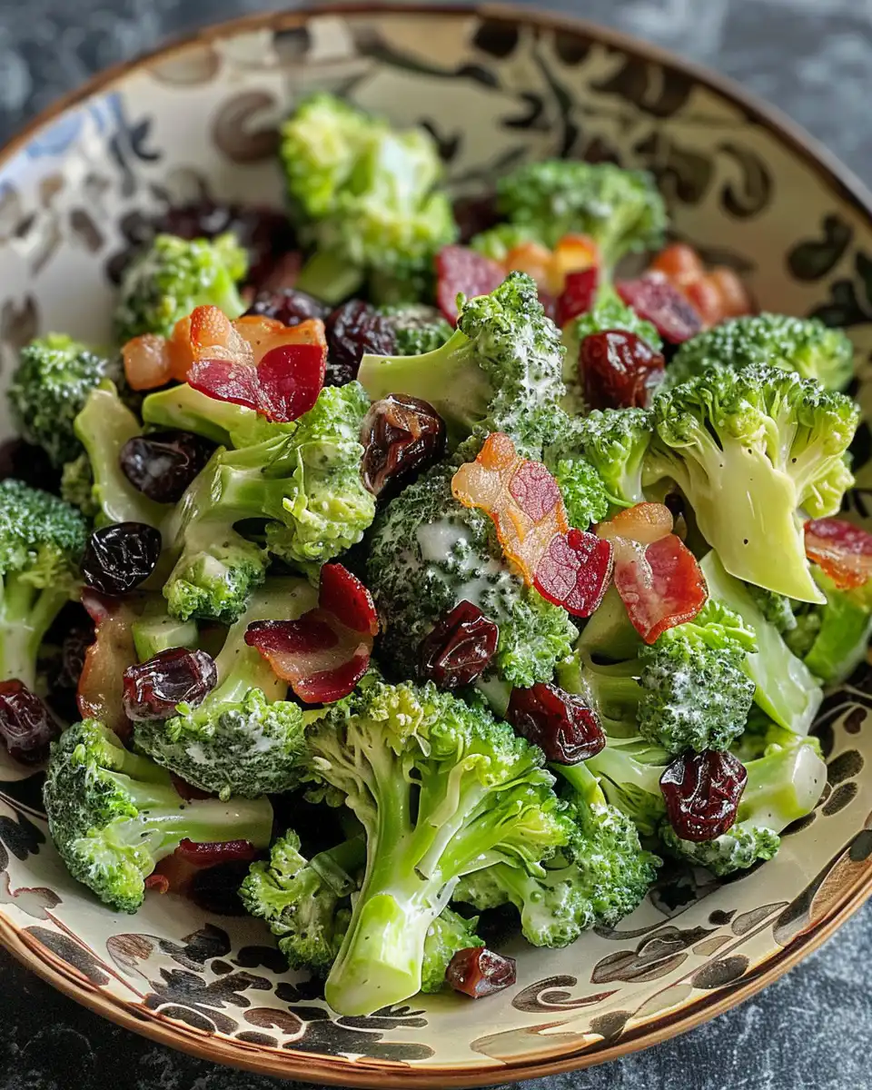 Finished broccoli salad with bacon, raisins, and sunflower kernels served chilled