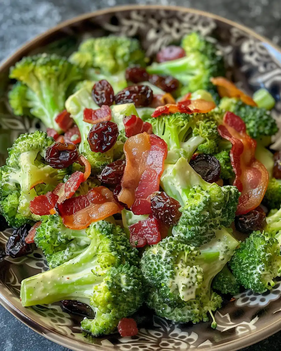 Colorful bowl of broccoli salad with crispy bacon and raisins