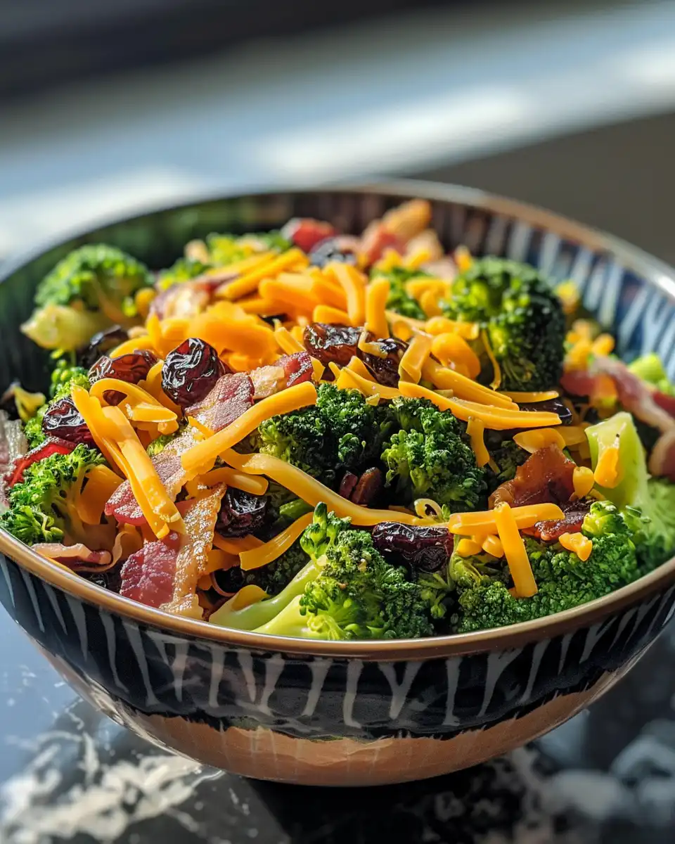 Ingredients including broccoli, bacon, raisins, sunflower seeds, mayonnaise, sugar, vinegar, and black pepper