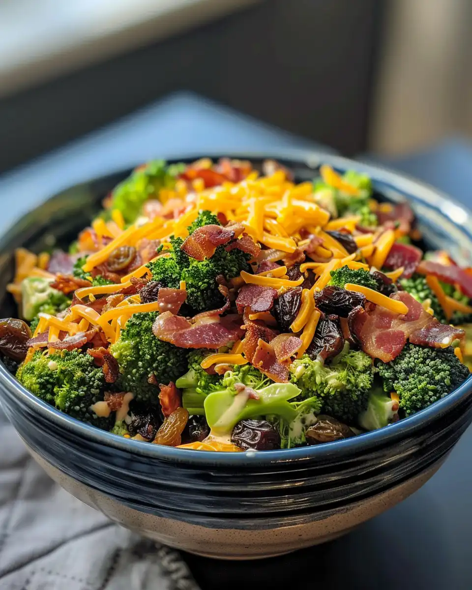 Plated broccoli salad with bacon and raisins ready to serve