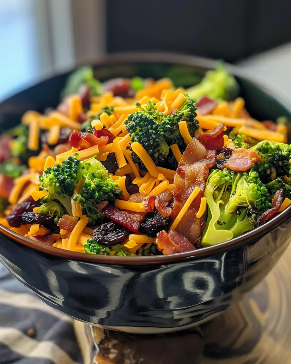 Fresh broccoli salad with bacon, raisins, and cheddar cheese in bowl