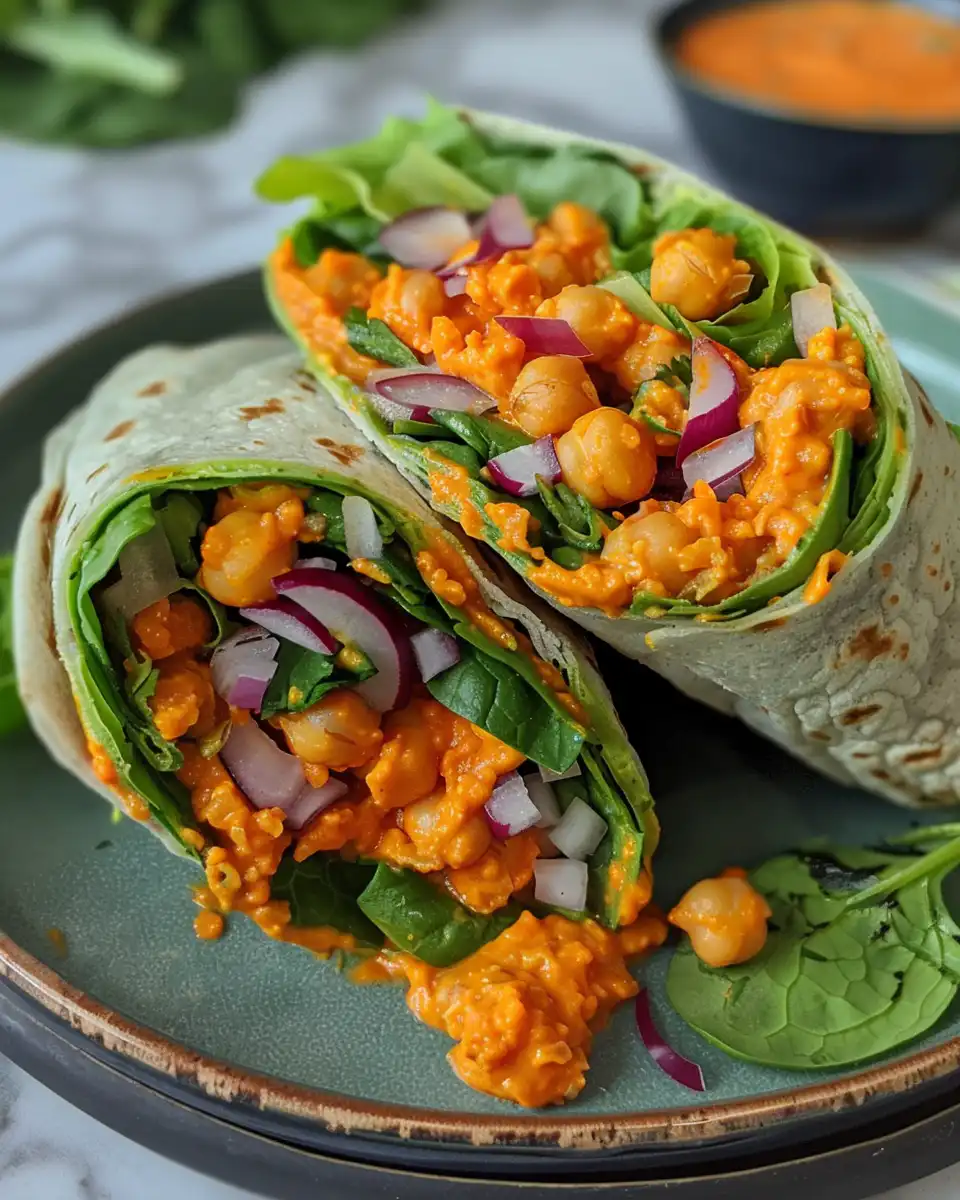 Buffalo chickpea salad wraps plated and ready to serve