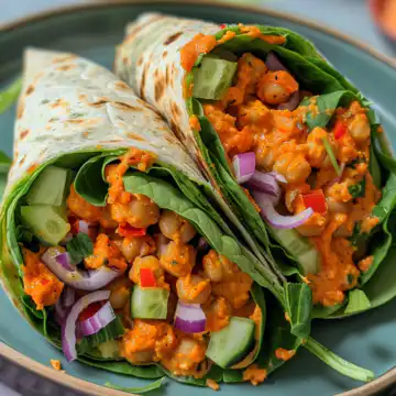 Buffalo Chickpea Salad Wraps taken with iphone 15 pro max --iw 2 --ar 4:5 --v 6.0 --raw