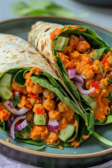 Buffalo Chickpea Salad Wraps taken with iphone 15 pro max --iw 2 --ar 4:5 --v 6.0 --raw
