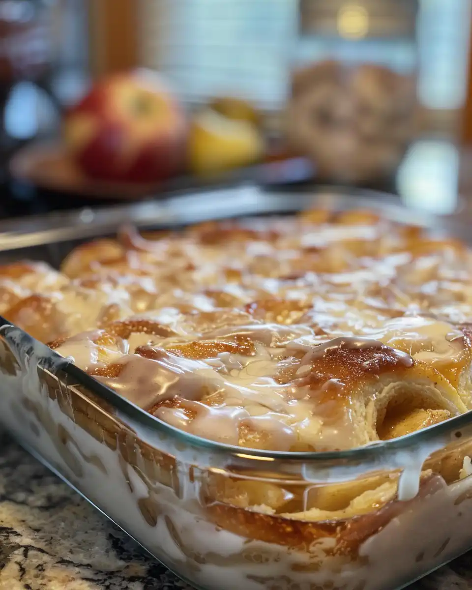 Ingredients for caramel apple cinnamon roll casserole including apples, brown sugar, and cinnamon rolls
