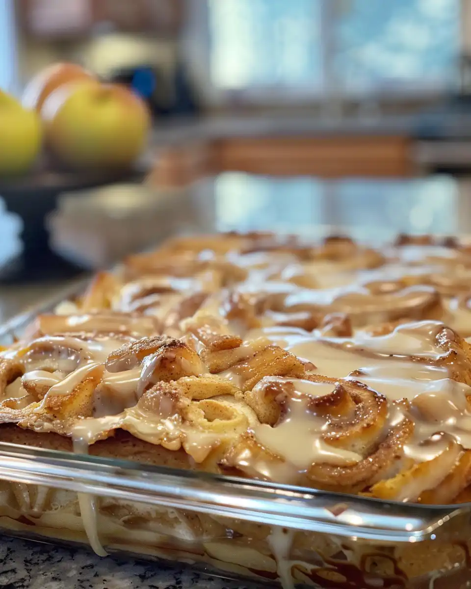 Final caramel apple cinnamon roll casserole plated, ready to serve
