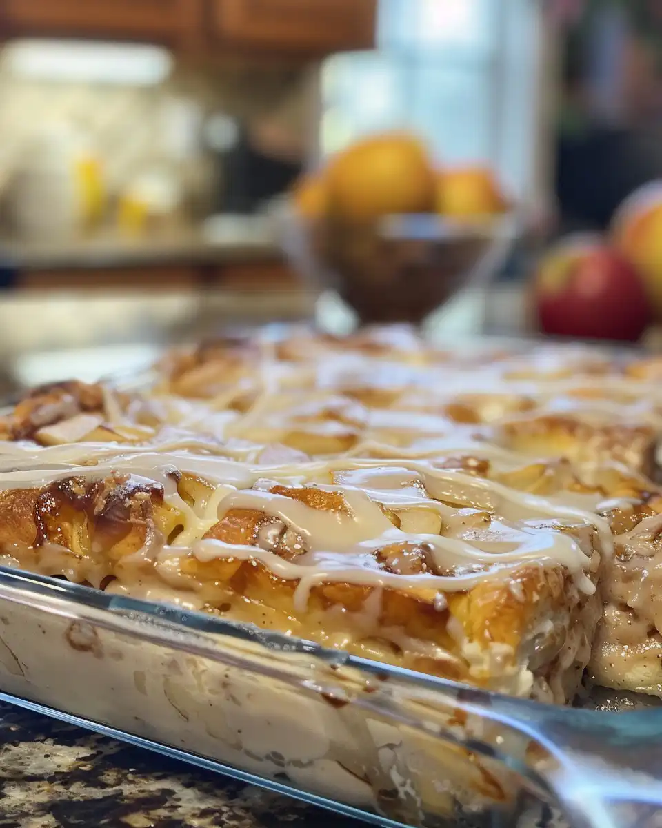 Caramel apple cinnamon roll casserole baking close-up
