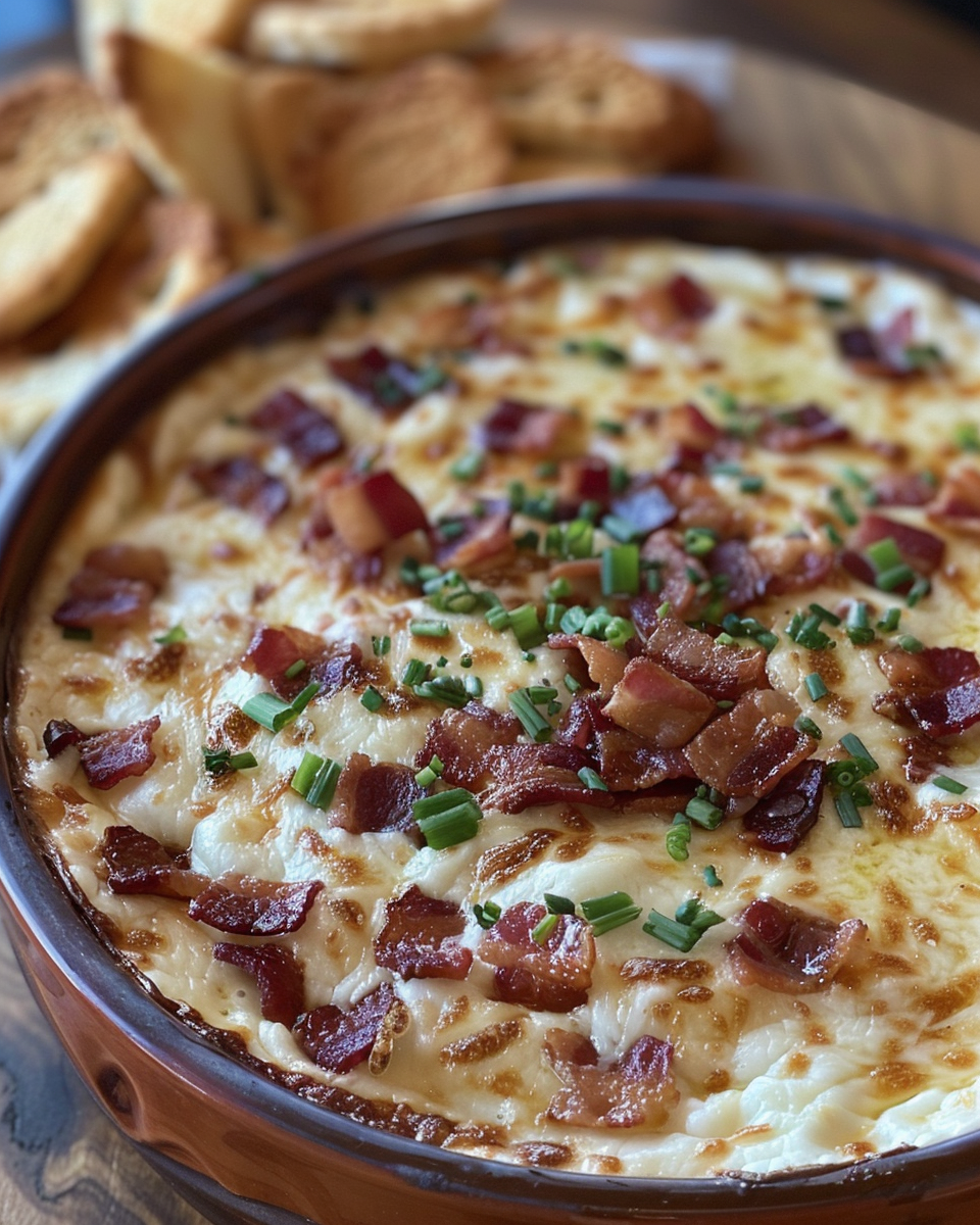 Final creamy bacon cheese dip served with crackers