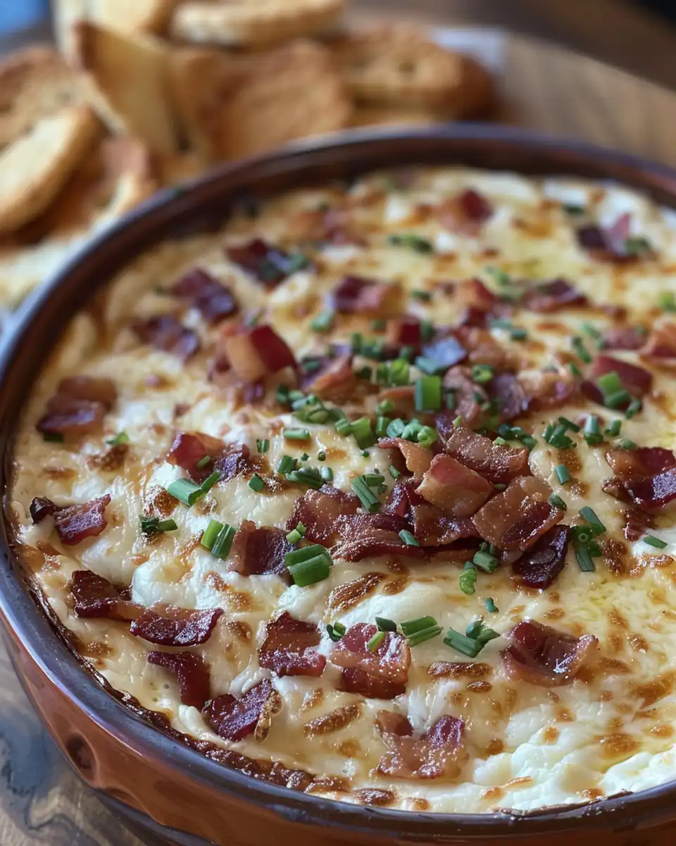 Final creamy bacon cheese dip served with crackers