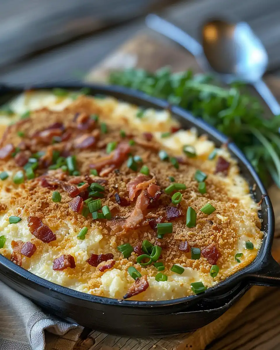 Golden baked cheesy bacon grits casserole fresh from oven ready to serve