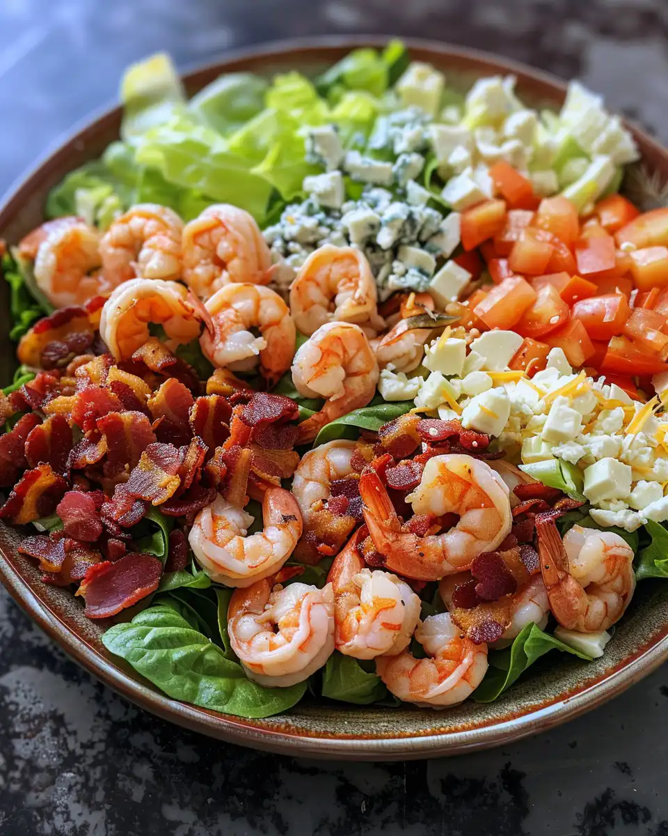 Close-up of fresh salad ingredients like shrimp, bacon, and blue cheese