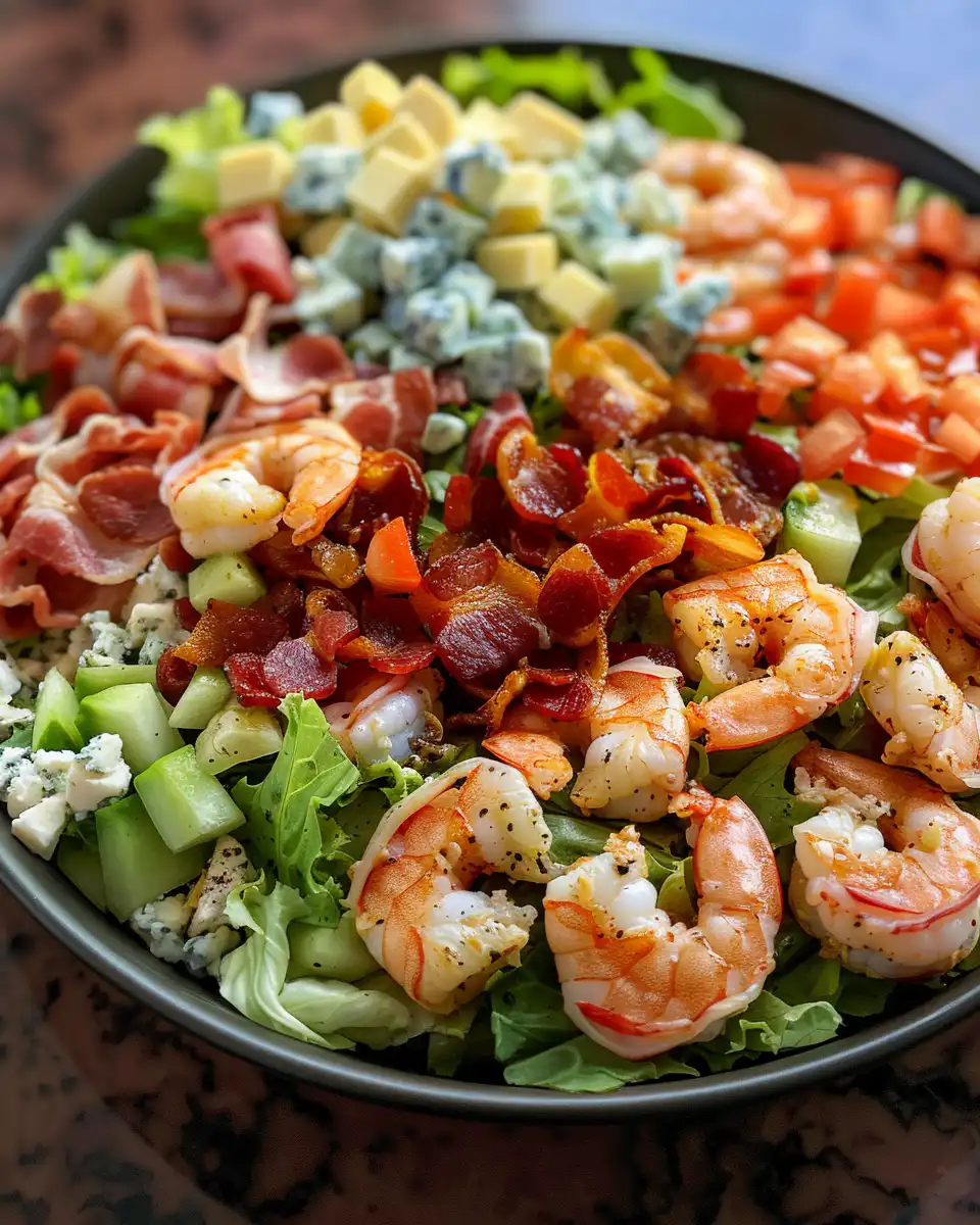 Final plated chopped salad with shrimp and bacon ready to serve