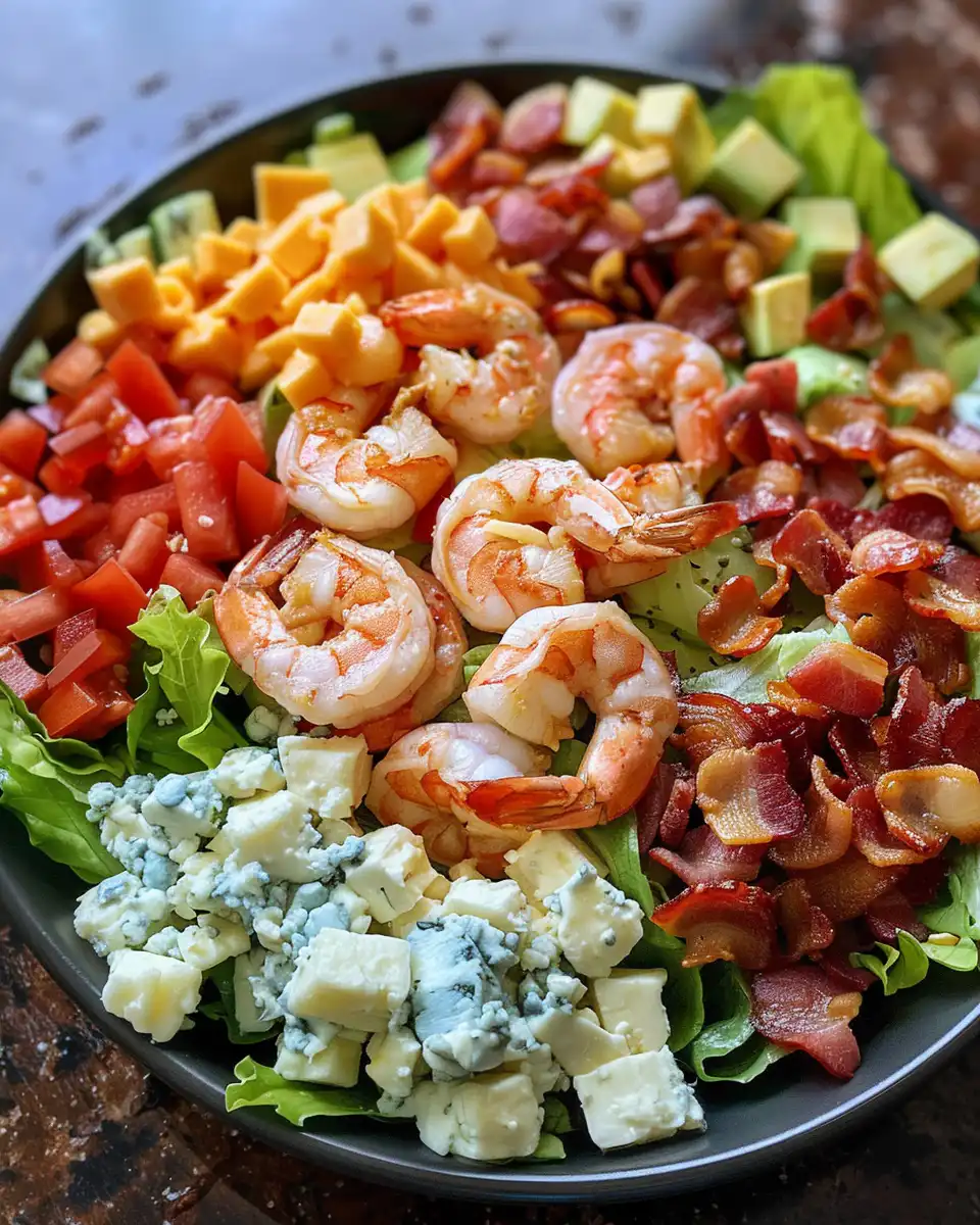 Fresh chopped salad with shrimp, blue cheese, and crispy bacon