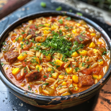 Chorizo, Orzo & Sweetcorn Summer Stew taken with iphone 15 pro max --iw 2 --ar 4:5 --v 6.0 --raw