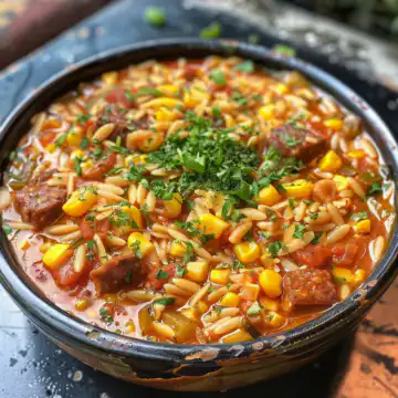 Chorizo, Orzo & Sweetcorn Summer Stew taken with iphone 15 pro max --iw 2 --ar 4:5 --v 6.0 --raw