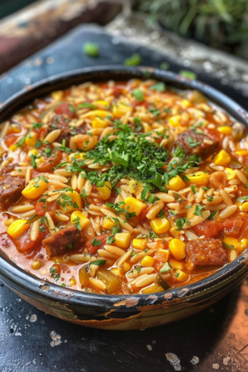 Chorizo, Orzo & Sweetcorn Summer Stew taken with iphone 15 pro max --iw 2 --ar 4:5 --v 6.0 --raw