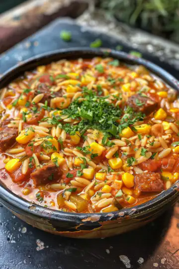 Chorizo, Orzo & Sweetcorn Summer Stew taken with iphone 15 pro max --iw 2 --ar 4:5 --v 6.0 --raw
