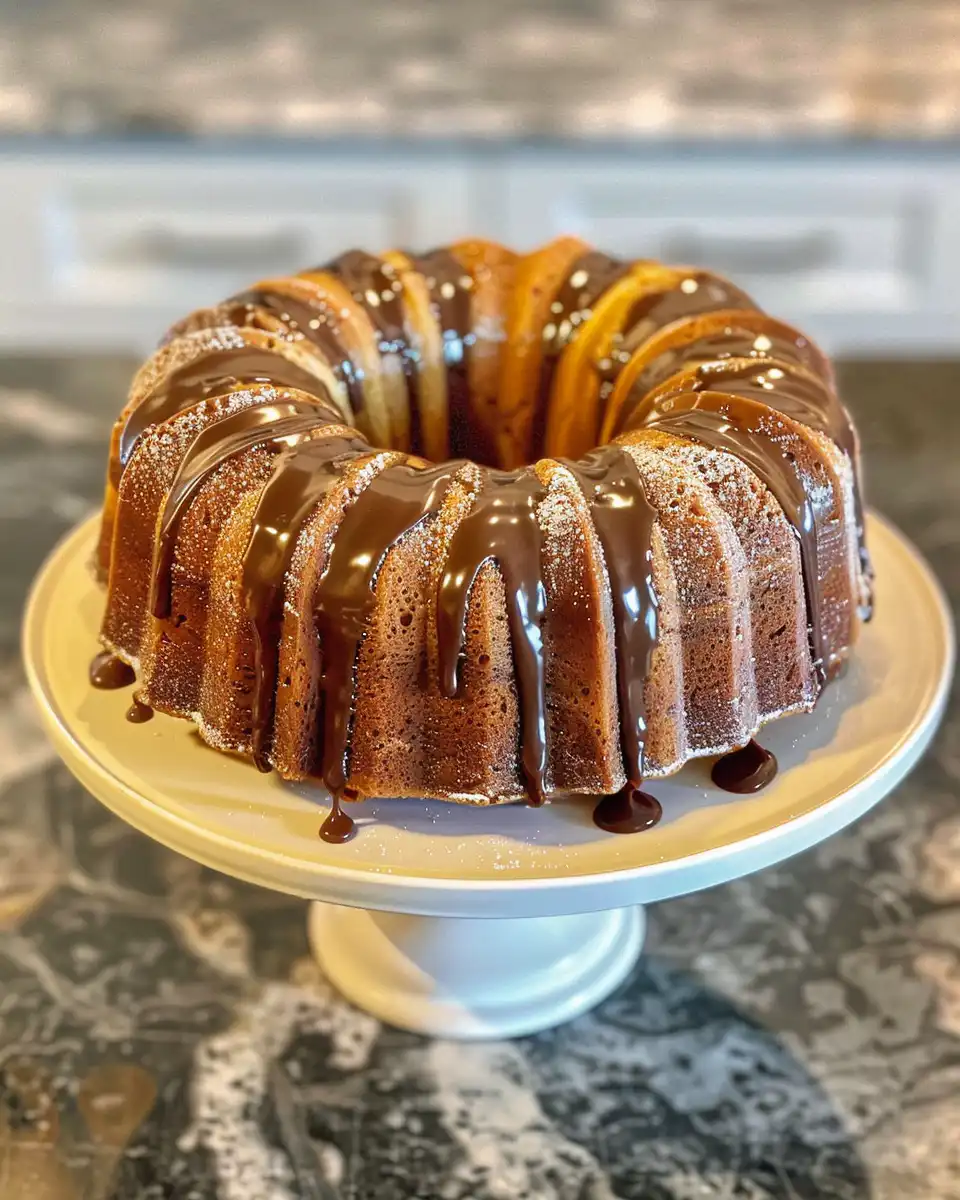 Finished cider glazed apple bundt cake with sticky glaze drizzled on top