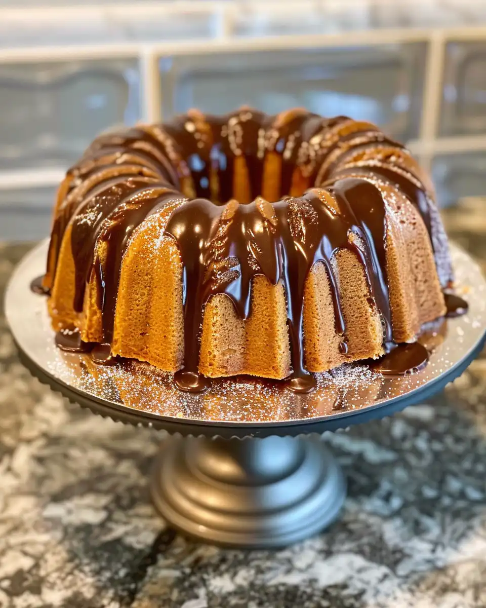Cider glazed apple bundt cake fresh from the oven with steam rising