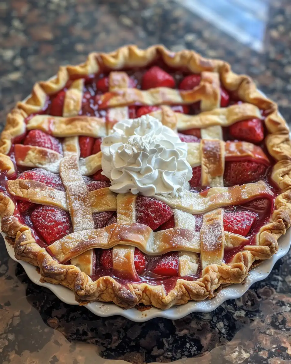 Freshly sliced strawberry pie with whipped cream garnish ready to enjoy