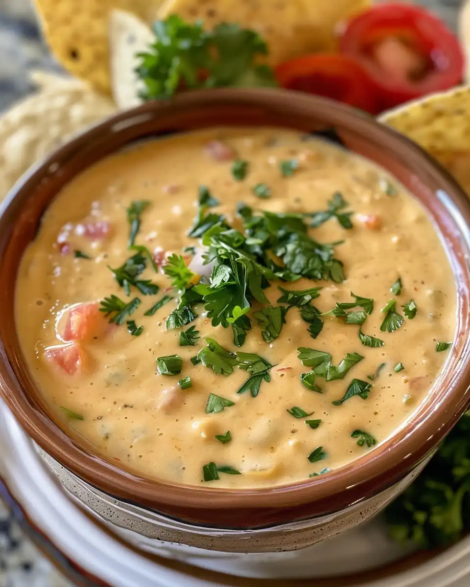 Final warm bowl of cheesy queso dip served with tortilla chips