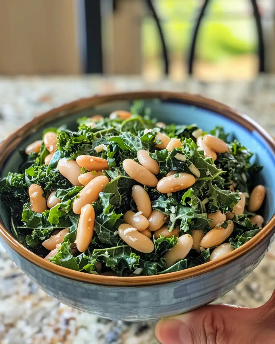 Delicious kale and white bean salad plated beautifully for serving