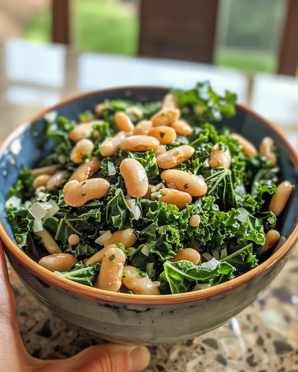 Freshly prepared kale and white bean salad in a bowl - ready to serve