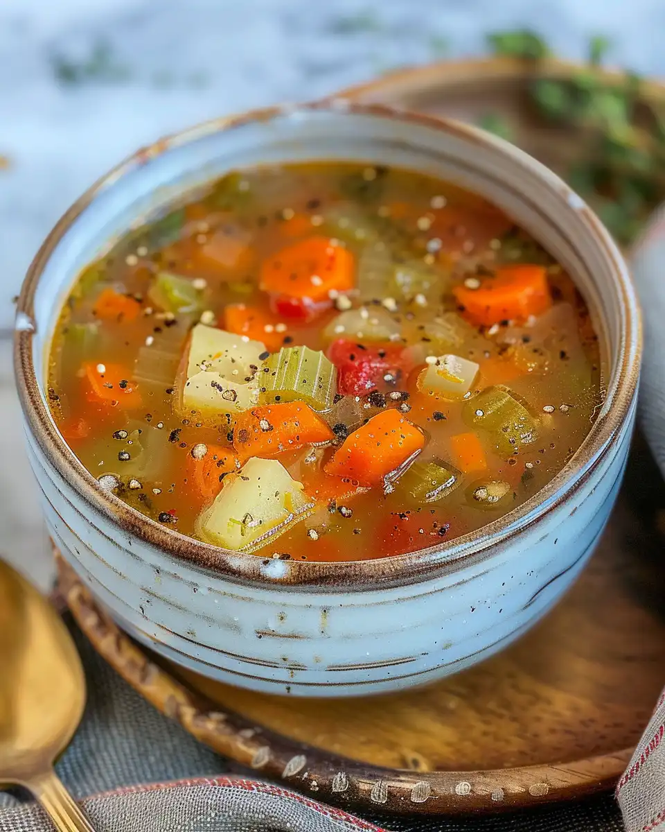 Final serving of pressure cooker vegetable soup with hearty meat and vegetables