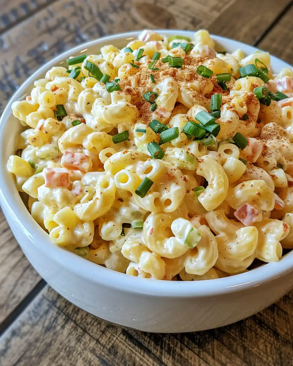 Final served copycat KFC macaroni salad in a bowl with fresh pickles