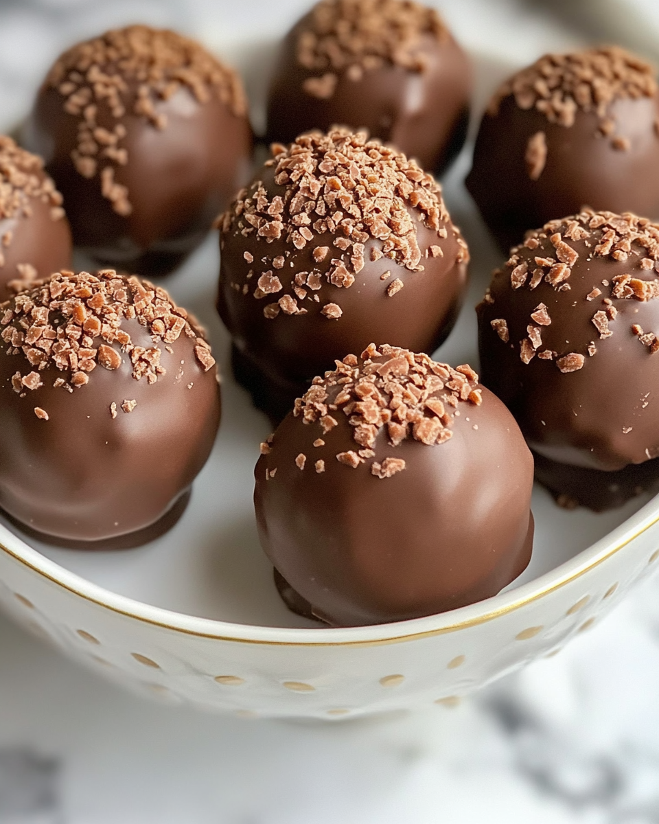 Ganache drizzled on Copycat Lindor Truffle Chocolate Dessert with white chocolate bits scattered