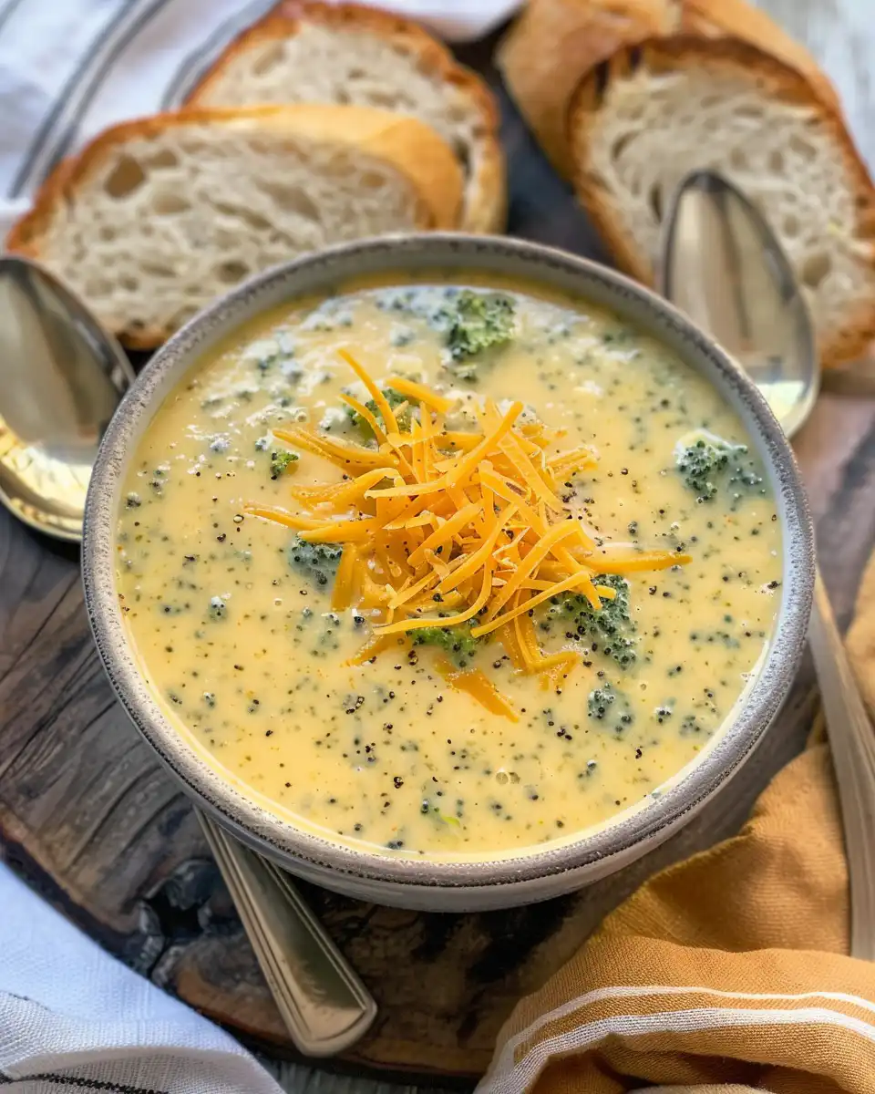 Final creamy and cheesy broccoli cheddar soup served in a bowl