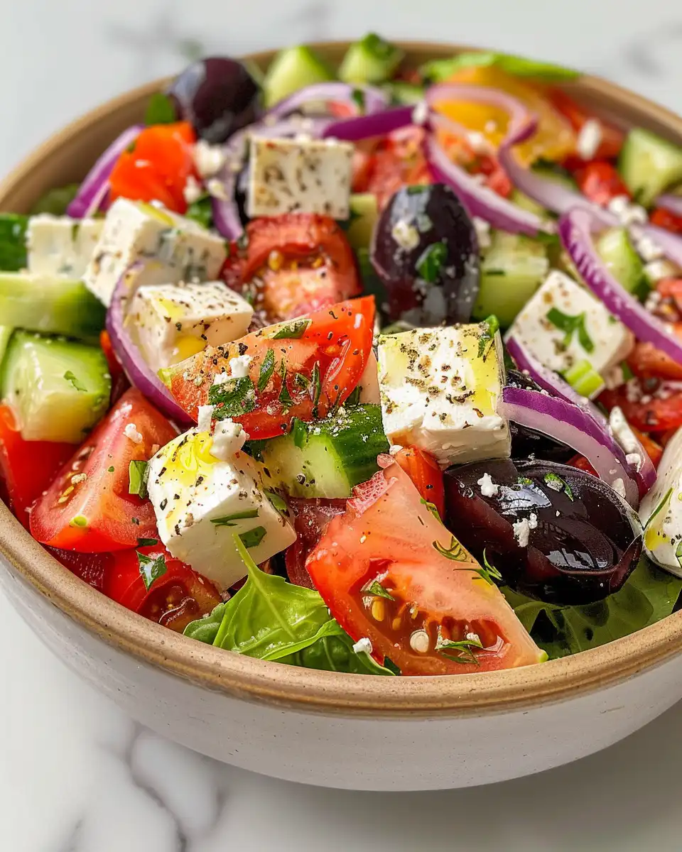Ingredients for Panera Greek Salad carefully arranged and fresh