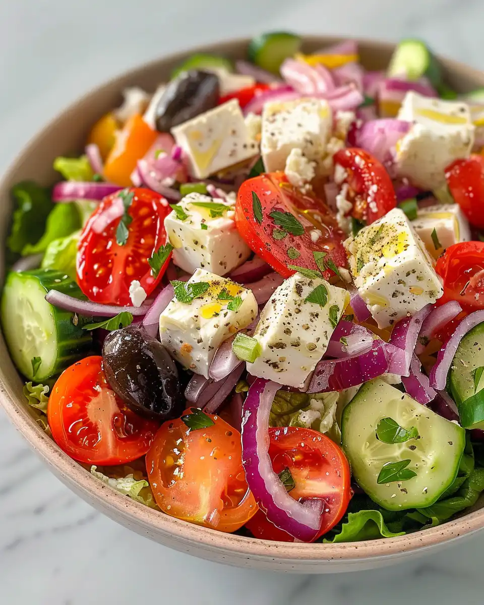 Close-up of fresh Panera Greek Salad in vibrant bowl