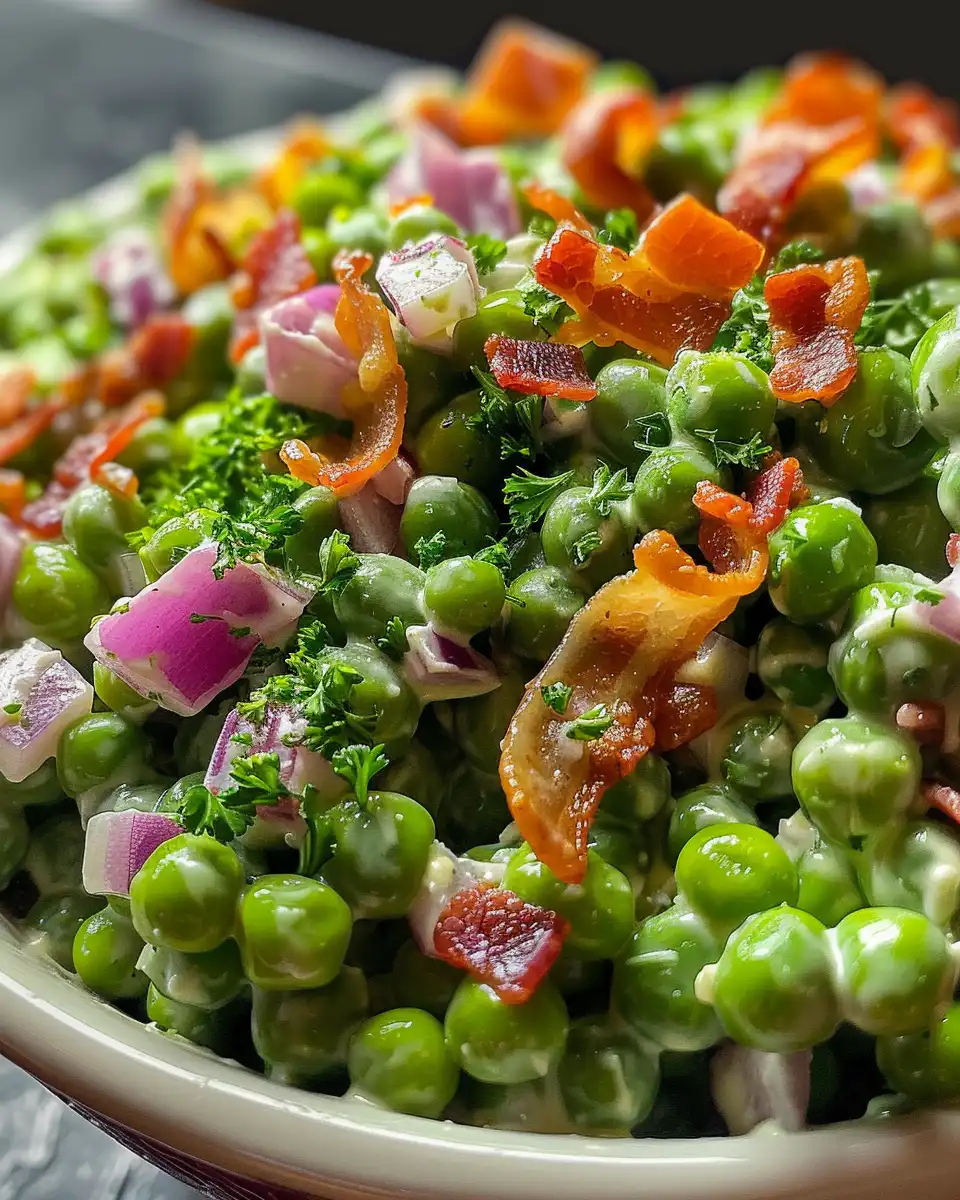 Ingredients including peas, bacon, cheddar, and red onion for pea salad