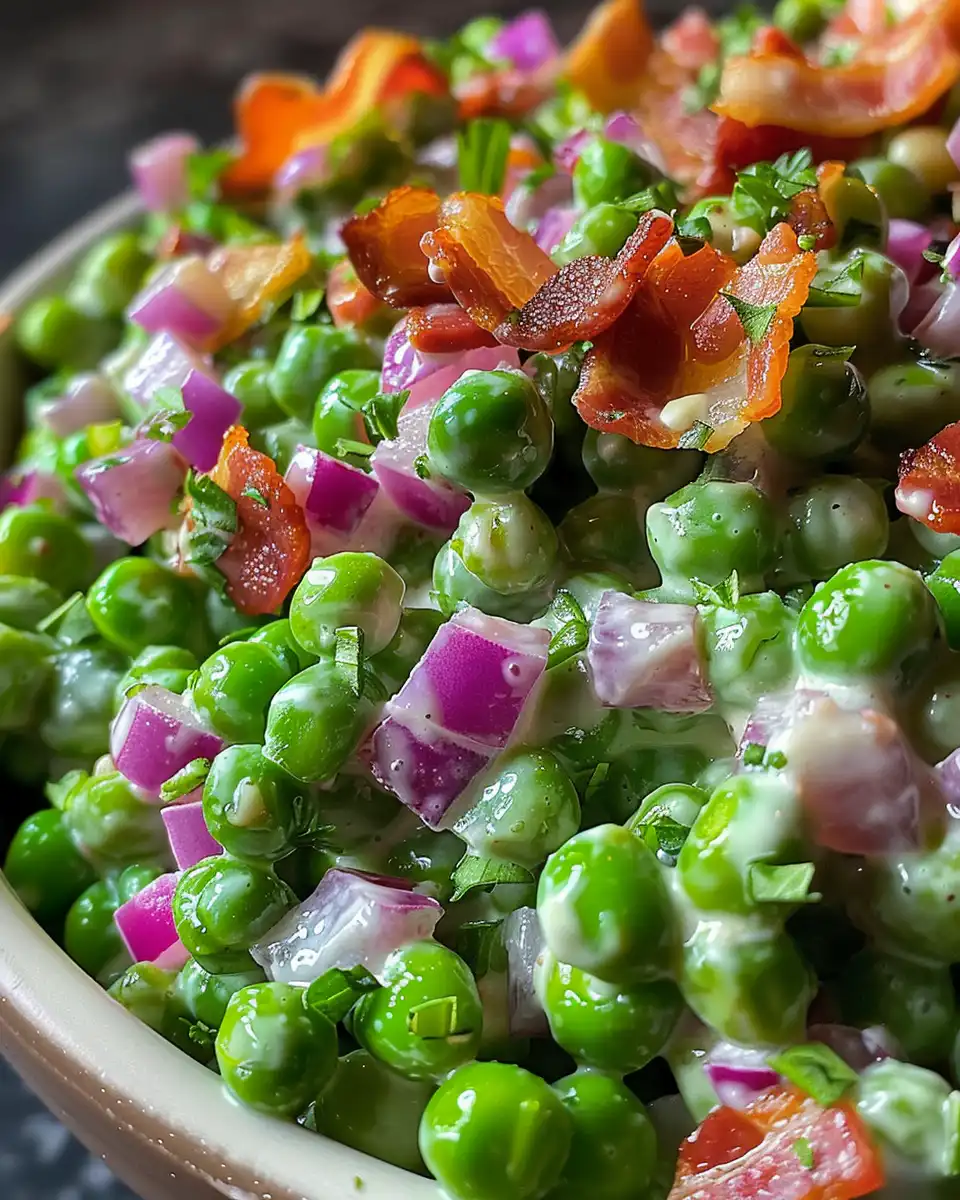 Final creamy bacon pea salad served chilled and garnished