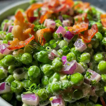 Creamy Bacon Pea Salad taken with iphone 15 pro max --iw 2 --ar 4:5 --v 6.0 --raw