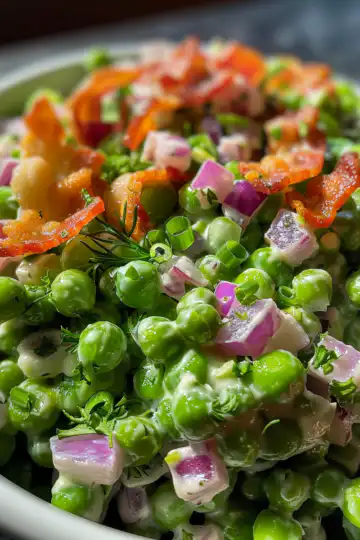 Creamy Bacon Pea Salad taken with iphone 15 pro max --iw 2 --ar 4:5 --v 6.0 --raw