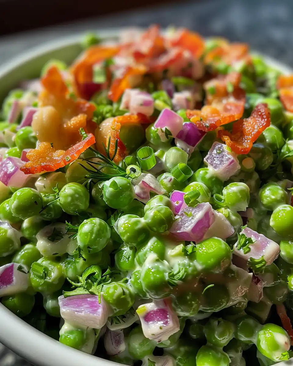 Creamy bacon pea salad fresh and inviting in bowl