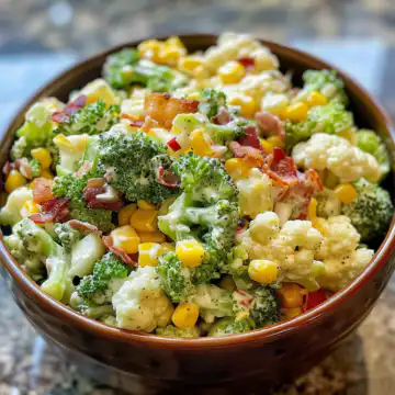 Creamy Broccoli, Cauliflower, Corn, Bacon Salad taken with iphone 15 pro max --iw 2 --ar 4:5 --v 6.0 --raw