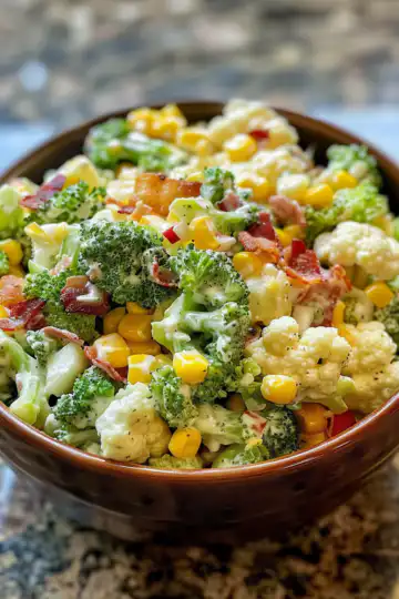 Creamy Broccoli, Cauliflower, Corn, Bacon Salad taken with iphone 15 pro max --iw 2 --ar 4:5 --v 6.0 --raw