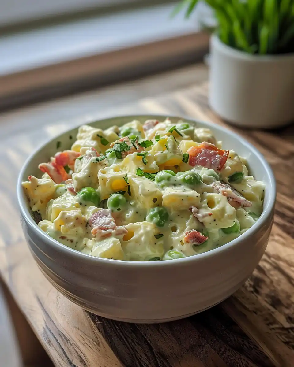 Ingredients for creamy pea and bacon salad including frozen peas, bacon, cheddar and red onion