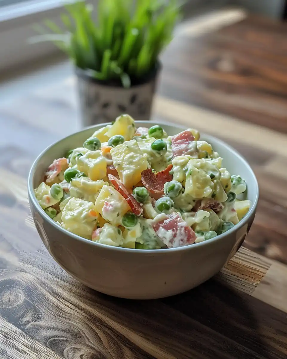 Chilled creamy pea and bacon salad ready to serve