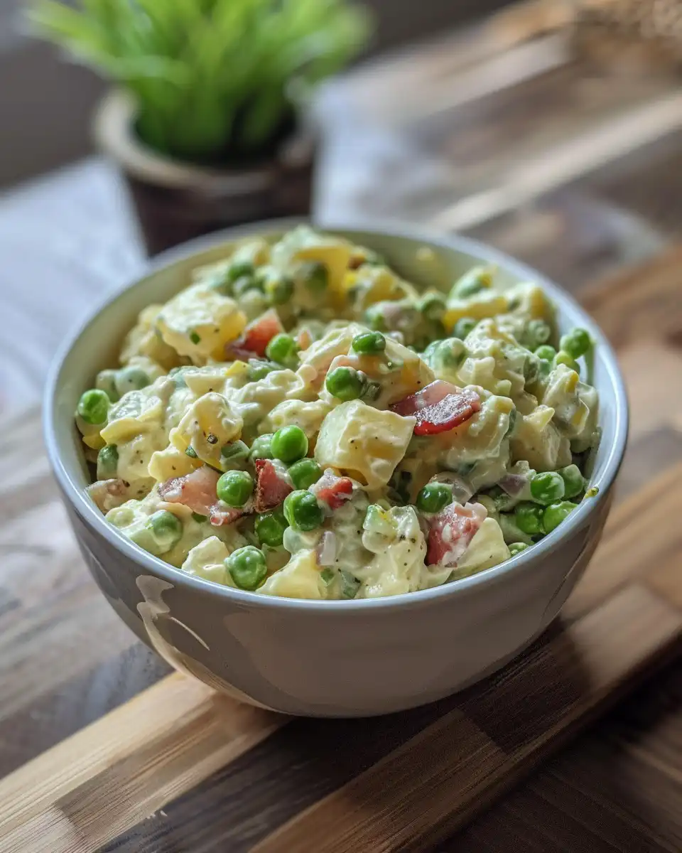 Creamy pea and bacon salad with cheddar cheese and dressing